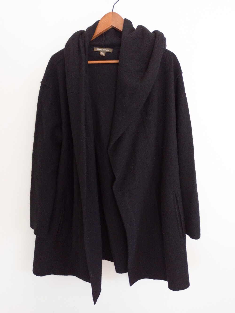 Tommy Bahama Black 100% Wool Hooded Open Front Cardigan Coatigan Jacket Medium